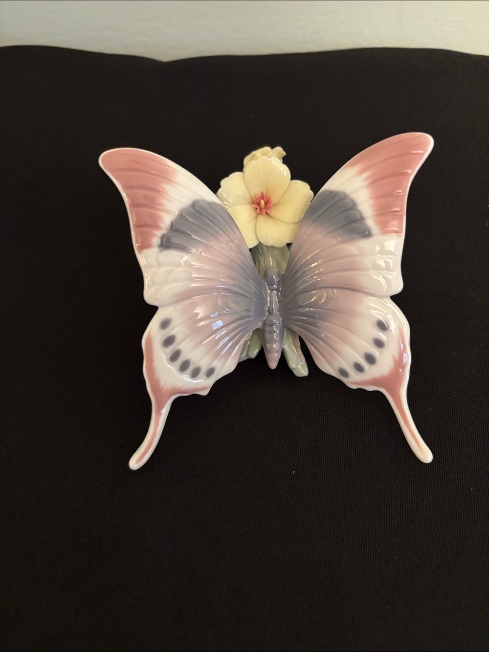 Lladro Pink and Lavender Porcelain Butterfly with Yellow Flower